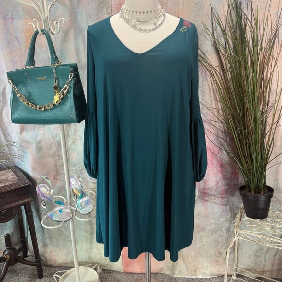 NEW 📌MN Neiman Marcus Teal Timeless Long Sleeves Plus Size Swing Dress - Picture 1 of 16